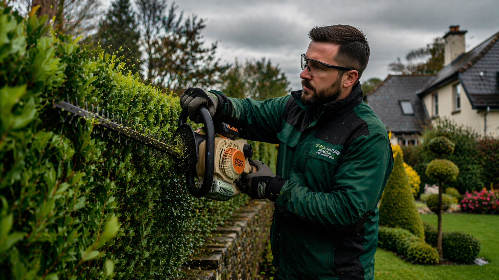 Laser straight hedge trimming of formal privet hedge